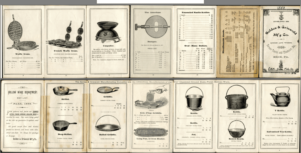 1883 fold-out brochure advertising cast holloware of Selden & Griswold. 